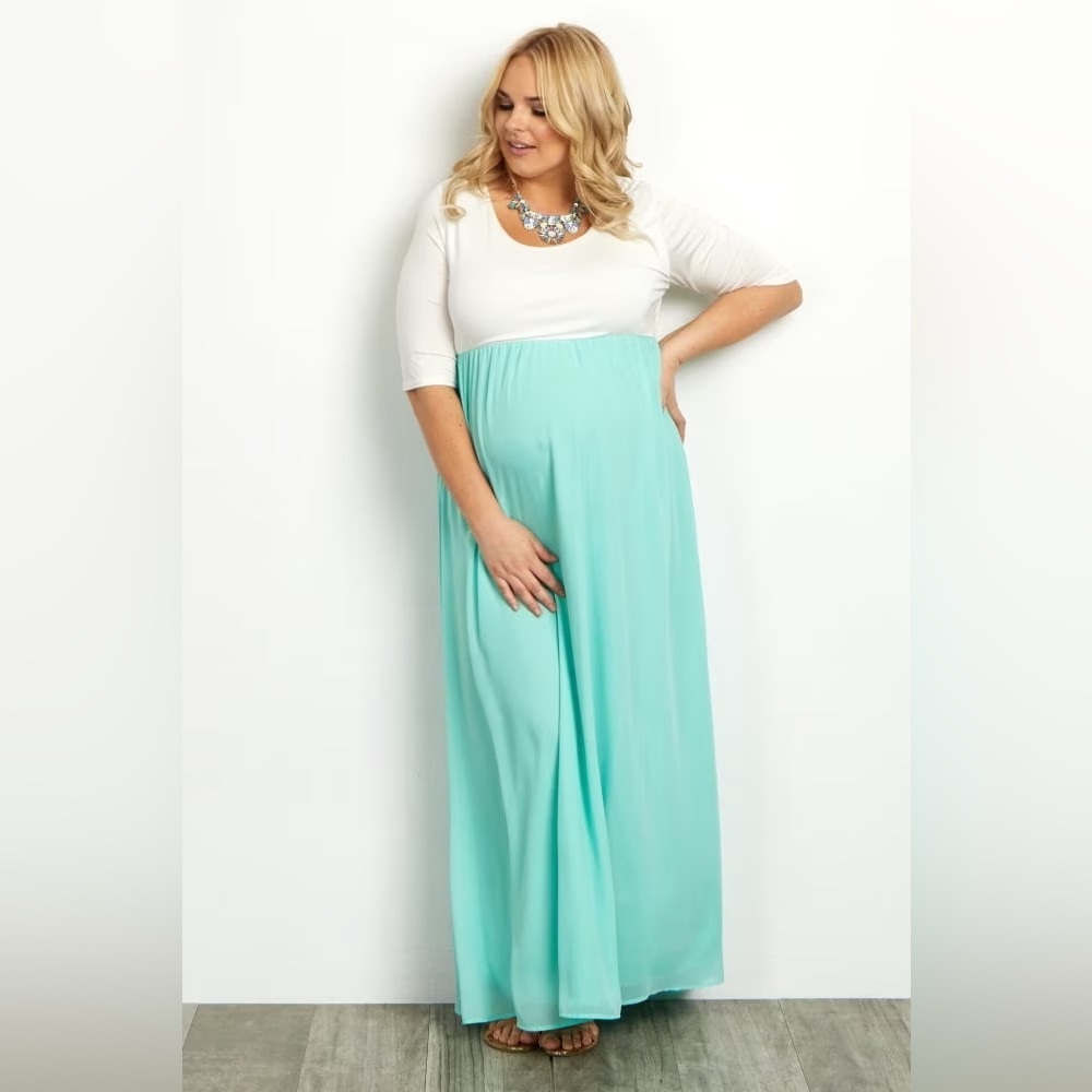 Mint Chiffon Color-Block Maternity Maxi Dress - image 1